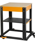 Heavy Duty Planer Stand With Wheels Rock Steady Workhorse For Planers And Drill Press Bench Top Machines in black and orange with shelves.