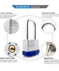 Infographic showing Six Pack Laminated Steel Keyed Padlocks With Long Shackle For Hasps Latches Sheds Fences Storage Lockers Schools And Gyms Use The Same Key For Easy Access with highlighted features