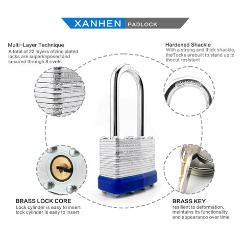 Infographic showing Six Pack Laminated Steel Keyed Padlocks With Long Shackle For Hasps Latches Sheds Fences Storage Lockers Schools And Gyms Use The Same Key For Easy Access with highlighted features