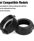 Front view: two black plastic spa heater union nuts with screws, 2-pack for 2-inch heater assemblies