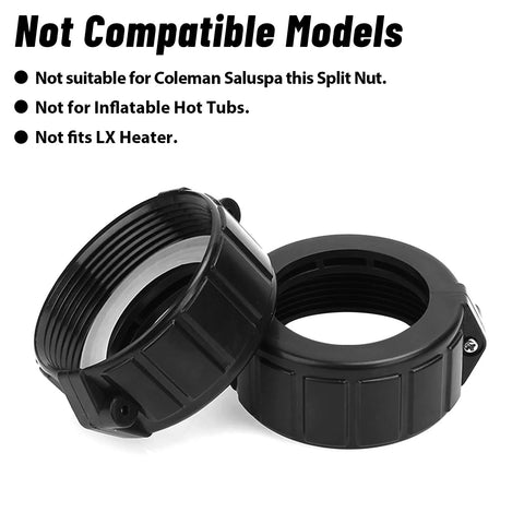 Front view: two black plastic spa heater union nuts with screws, 2-pack for 2-inch heater assemblies