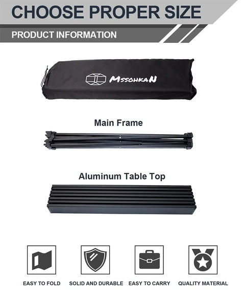 Foldable Aluminum Camping Table, Portable Side Desk with main frame, table top, and carry bag for easy travel and outdoor use