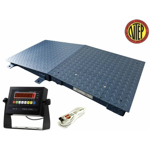 Hella Durable 24 By 24 Inch Digital Floor Scale Top Shelf Pallet Platform with Single Aluminum Ramp for Heavy Duty Warehouse Shipping Weighing Inventory Tracking and Logistics Fulfillment Up to Ten Thousand Pound Capacity including display and cables.