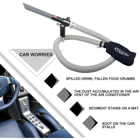 Top Shelf Pneumatic Vacuum And Blower Gun Badass Dual Function Air Tool for car cleaning with hose and dust collection pouch.