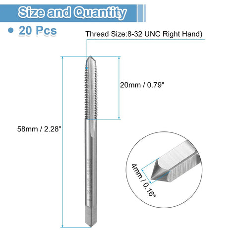 20 Piece Straight Flute Thread Tap Set For 8 32 UNC Right Hand Threading In High Speed Steel HSS 6542 Taps dimensions