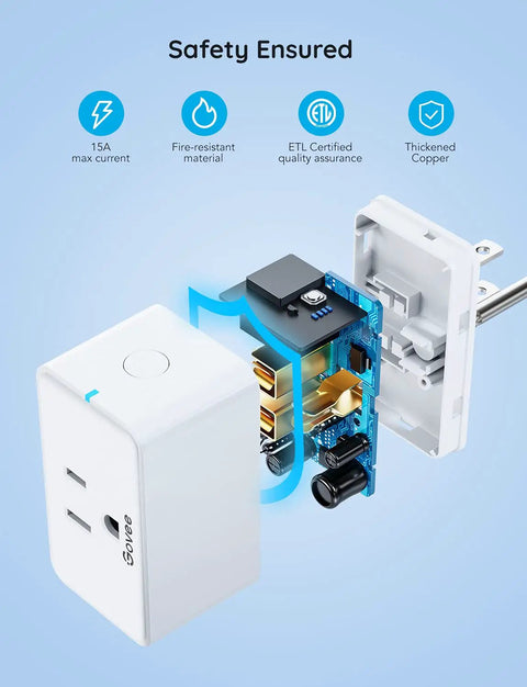 Super Solid 15A WiFi Smart Plug And Bluetooth Outlet 4 Pack showing detailed internal components and safety features.
