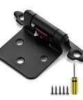 Heavy Duty Slick Black Cabinet Hinges Half Inch Full Overlay 60 Pack With No Mortise Required Effortless Setup Smooth Swing, detail image of hinge with screws and screwdriver.