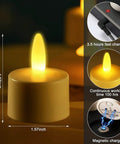 Rechargeable Tea Lights With Remote 100 Hour Flicker Waterproof LED Candles size details and USB charging features