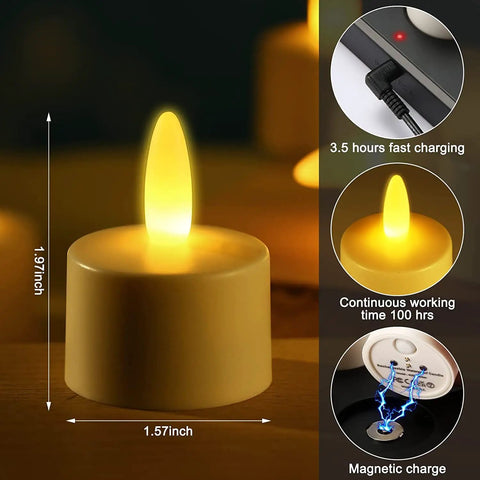 Rechargeable Tea Lights With Remote 100 Hour Flicker Waterproof LED Candles size details and USB charging features
