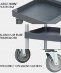 Built Different Heavy Duty Three Shelf Janitorial Cart With Roller Wheels And Secure Protective Cover Includes Generous Vinyl Storage Bag For Top Shelf Housekeeping Performance In Offices Hotels And Schools showcasing large front platform, aluminum tube framework, and silent casters.