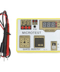 Close-up of Multifunction Watch Pulse Tester Kit with quartz detector, LCD screen, and probes for watchmakers and DIY repairs.