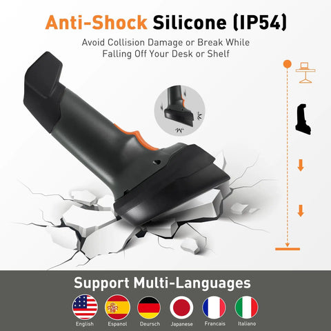 2D Wireless Barcode Scanner With 1.8 Inch Display, Rechargeable Handheld Reader showcasing anti-shock silicone design on cracked surface.