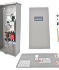 200 Amp Single Phase Automatic Transfer Switch For Home Standby Generators 120 240 Volt NEMA 3R Aluminum Enclosure Indoor Outdoor Use Auto Load Transfer Ready To Roll With RXSW200A3 8 To 24 kW, open and closed views