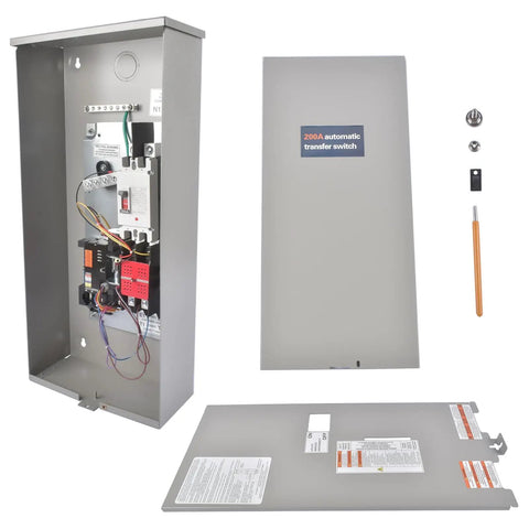 200 Amp Single Phase Automatic Transfer Switch For Home Standby Generators 120 240 Volt NEMA 3R Aluminum Enclosure Indoor Outdoor Use Auto Load Transfer Ready To Roll With RXSW200A3 8 To 24 kW, open and closed views