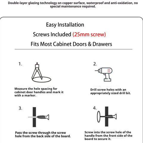 Gold Cabinet Knobs 2 Pack installation guide, steps showing measuring, drilling, and screwing for cabinets and drawers.