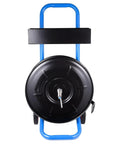 Heavy Duty Strapping Cart Dispenser For 16x16 And 8x8 Coils Movable Banding Machine With Brake System And Spacious Tray Keeps PET PP And Fiber Straps Neat And Ready To Roll Super Handy Easy Transport Cart, blue steel frame front view