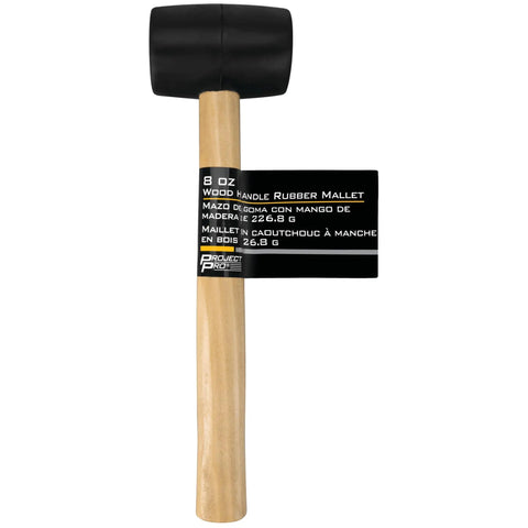 Close-up of an 8 oz rubber mallet with a durable head and wood handle for non marring assembly and everyday use in woodworking and repairs.