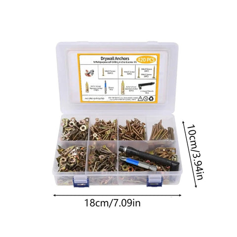 Self Drilling Drywall Screws Kit Durable Steel Mounting Set With 420 Pieces For No Drill Install On Wood Metal And Synthetic Boards Perfect For Diy And Pro Projects. 18x10cm storage case