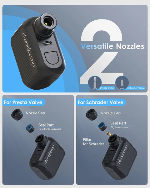 Pocket Sized Electric Bike Pump With 100 PSI showing Presta and Schrader valve compatibility.