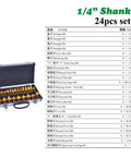 Tough As Nails 24 Piece Straight Router Bit Set With Quarter Inch Shank and Razor Carbide Cutters in storage case.