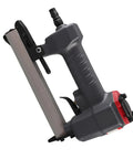 Compact Pneumatic Brad Nailer With 100 Nail Capacity And Dry Fire Guard Lightweight finish tool side view with aluminum frame.