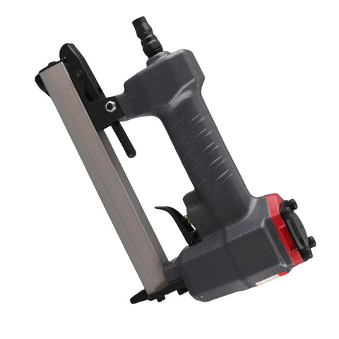 Compact Pneumatic Brad Nailer With 100 Nail Capacity And Dry Fire Guard Lightweight finish tool side view with aluminum frame.