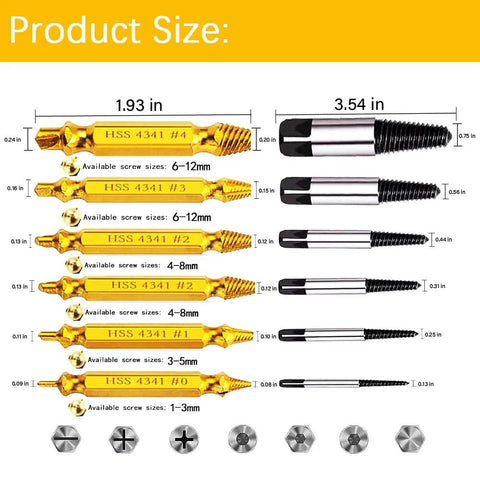 12 Piece Damaged Screw Extractor Set For Stripped Screws And Bolts, Easy Removal Of Rusty And Broken Hardware, size details