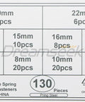Grab This Ultimate 130Pc Hose Spring Clamp Fastener Assortment Kit With Ten Sizes From 6 To 22mm For Tough Auto Repairs And DIY Jobs Featuring Durable Spring Steel Construction That Holds Up Great. 130pc spring steel hose clamp kit label, 6mm to 22mm sizes, 130 pieces