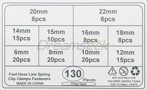 Grab This Ultimate 130Pc Hose Spring Clamp Fastener Assortment Kit With Ten Sizes From 6 To 22mm For Tough Auto Repairs And DIY Jobs Featuring Durable Spring Steel Construction That Holds Up Great. 130pc spring steel hose clamp kit label, 6mm to 22mm sizes, 130 pieces