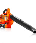 Beast Power Handheld Gas Leaf Blower With 26cc Two Cycle Engine Delivers 180 MPH Air And 380 CFM For Fast Yard Cleanup Leaves Driveways And Light Snow Removal Black Orange Finish, side view.