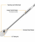 Half Inch Drive 84 Tooth Teardrop Ratchet With 15 Inch Long Handle, Flush On Off Switch, Enclosed Head For Dirt Defense, Full Polish Chrome Finish