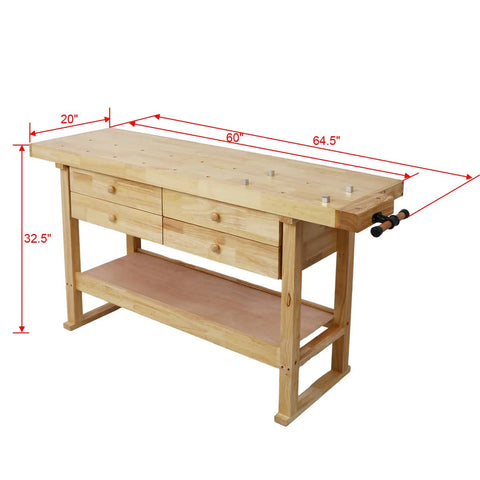 Heavy Duty Sixty Inch Wooden Workbench With Four Deep Storage Drawers And Welding Table Setup Featuring Rock Solid F Bar Clamps side view with dimensions.