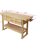 Rock Solid 60 Inch Wooden Workbench With Four Spacious Drawers And Heavy Duty Welding Table Top Loads Up With Four Drop Forged F Clamps For Garage Shop Builds, featuring wooden surface and measurements.
