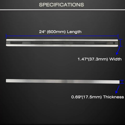 24 Inch Machinist Precision Steel Straight Edge Tool With Feeler Gauges For Checking Cylinder Heads And Engine Blocks Pro Grade, shown with dimensions.