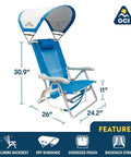 SunShade Backpack Beach Chair With Adjustable Canopy, 4 Position Recline, in Saybrook Blue showing dimensions and features.