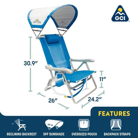 SunShade Backpack Beach Chair With Adjustable Canopy, 4 Position Recline, in Saybrook Blue showing dimensions and features.