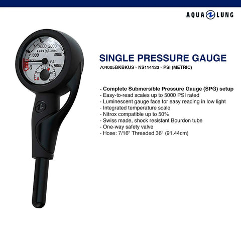 Single Pressure Gauge PSI SPG Complete Scuba Dive Assembly With 36 Inch High Pressure Hose And Protective Rubber Boot