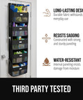 Heavy Duty Over The Door Organizer With Five Deep Hanging Shelves For Closet Shoe And Bathroom Vanity Storage Holds Fifty Pounds Rock Solid Dorm Life Upgrade Black, mounted on door with items stored.