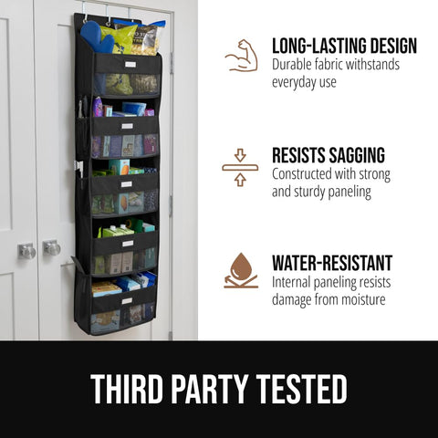 Heavy Duty Over The Door Organizer With Five Deep Hanging Shelves For Closet Shoe And Bathroom Vanity Storage Holds Fifty Pounds Rock Solid Dorm Life Upgrade Black, mounted on door with items stored.