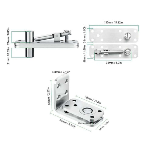 Dimensions and components of Beefy Heavy Duty Hidden Door Hardware for Wood Secret Door Bookcase with 600 Pound Load and 180 Degree Rotation.