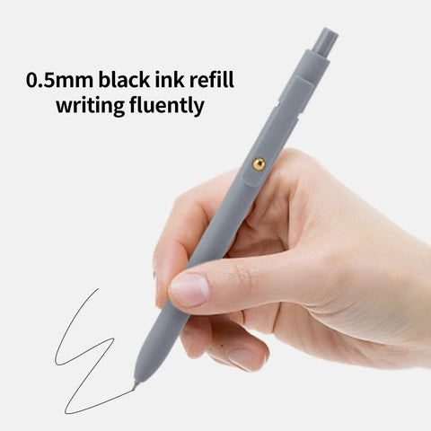 Pack Of Six Smooth Writing Retractable Gel Pens Featuring Snappy Click Mechanism And Fast Drying Black Ink That Rolls Dead Smooth Across Pages Ideal For Classroom Assignments Desk Organization And Daily Note Taking Without Any Smudging, held in hand for smooth writing.