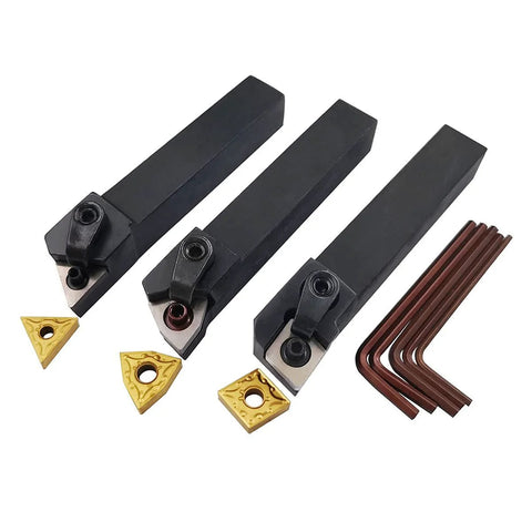Front view of 3× 5/8-inch indexable carbide lathe turning tool insert holders with CNMG/WNMG/TNMG inserts and hex keys