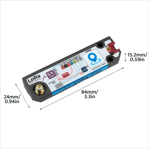 LoRa 1262 Long Range Module With SX1262 Chip And AT6668 GNSS for Cardputer, dimensions 84x24x15.2 mm, labeled ports.