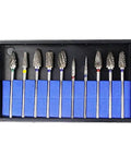 10pc Tungsten Carbide Burs Set For Grinding And Polishing, Universal Use With 2.35mm Shank displayed in a black tray