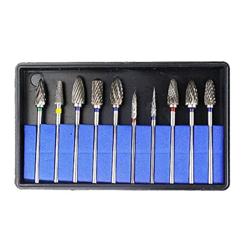 10pc Tungsten Carbide Burs Set For Grinding And Polishing, Universal Use With 2.35mm Shank displayed in a black tray