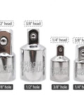 4 Piece Square Ratchet Socket Adapter Reducer Kit Includes 1/2 to 3/8 3/8 to 1/2 and 3/8 to 1/4 Plug Adapters in Silver Finish