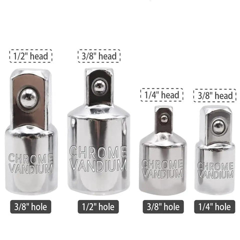 4 Piece Square Ratchet Socket Adapter Reducer Kit Includes 1/2 to 3/8 3/8 to 1/2 and 3/8 to 1/4 Plug Adapters in Silver Finish