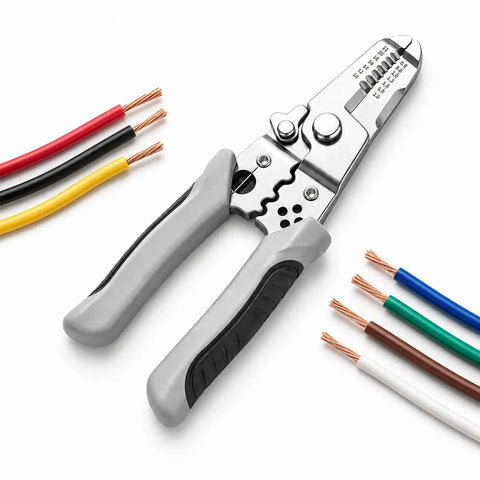 Top Rated Wire Stripper Pliers Manual Hand Tool For Electrical Repair Jobs with textured grip handles and wires.