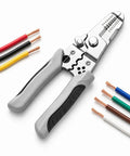 Heavy Duty Electrical Repair Pliers With Integrated Wire Stripper And Cutters on a white background with colored wires.