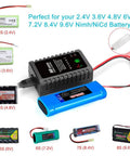 Smart 2-8S NiMH NiCd Battery Charger with various RC battery sizes and Tamiya connectors displayed, portable design for RC toys